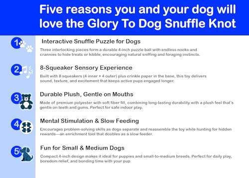 Glory To Dog Blue Snuffle Knot Interactive Dog Toy 4” Puzzle Ball with 8 Squeakers & Crinkle – Treat Hiding Enrichment Toy for Puppy & Small Breed Dogs – Durable Plush Sensory Play & Stimulation - color: Blue