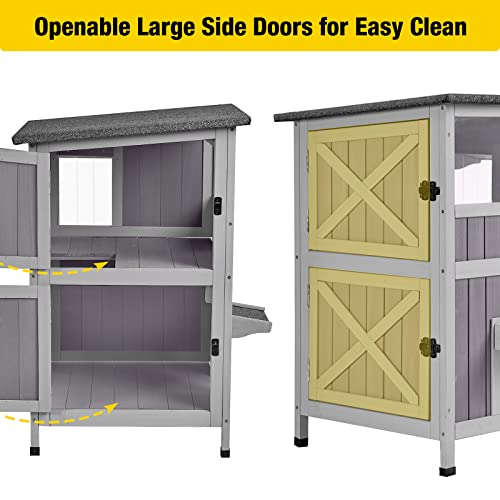 Aivituvin 2-Story Outdoor/Indoor Cat House - Solid Wood Kitty Condo with Escape Door, Removable Floors, Weatherproof Asphalt Roof & Sun Balcony