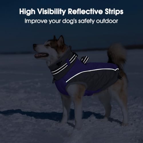 Winter Dog Coats for Large Dogs, Turtleneck Winter Jacket, Windproof Fleece Snowsuit, Reflective Cold Weather Clothes with D Ring and Adjustable Buckles, Large Dog Vest- L Purple - color: Purple, size: Large