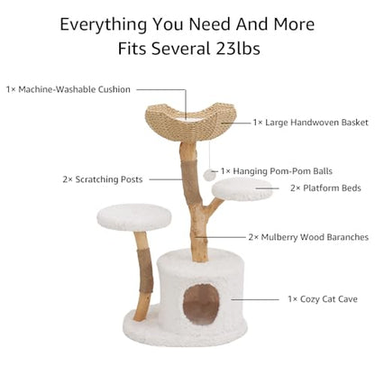 Unipaws Modern Cat Tree Tower for Small and Large Cats, Real Solid Wood Branch Luxury Cat Condo with Scratching Post and Cat Bed, Indoor Furniture for Cat Lover Gifts - size: Cat Tree (2 Platforms & 1 Basket)