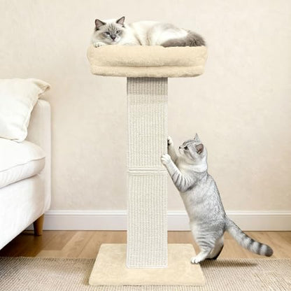 Cat Scratching Post, 32”Cat Scratcher with Large Plush Perch, Sisal & Carpet Scratching Post, Vertical Posts with Elevated Bed for Indoor Cats, Removable& Washable Cover, Beige - color: Beige with Bed