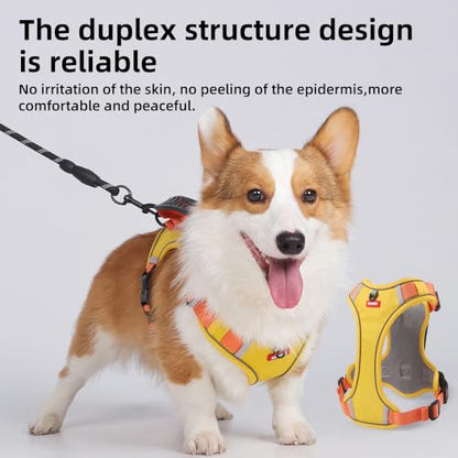 Dog Harness No Pull with GPS Tracker Pocket, 2 Adjustable Leash Clips, Breathable Soft Padded, Reflective, No Choke Pet Vest Harness with Control Handle for Large Dogs, Pineapple Yellow, L - size: L