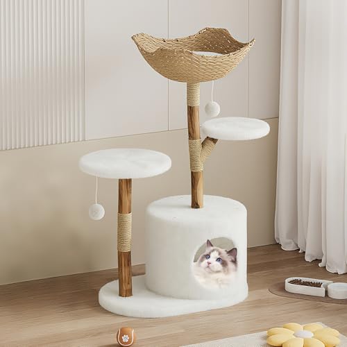 Modern Cat Tree, Solid Wood Cat Tree Tower with Hand-Woven Basket Cat Condo, Natural Jute Scratching Posts Modern Cat Tower with Plush Perches & Dangling Balls, Cat Trees for Kittens & Adult Cats - size: Two Branch