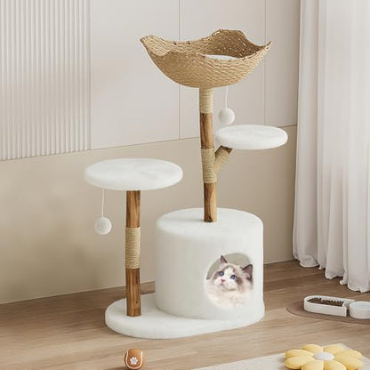 Modern Cat Tree, Solid Wood Cat Tree Tower with Hand-Woven Basket Cat Condo, Natural Jute Scratching Posts Modern Cat Tower with Plush Perches & Dangling Balls, Cat Trees for Kittens & Adult Cats - size: Two Branch