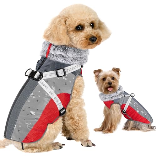 SlowTon Dog Jacket with Harness Built in - Waterproof Fleece Winter Warm Dog Coats for Small Medium Dogs, Reflective Adjustable Furry Puppy Vest Clothes for Outdoor Walking (Red & Black,S) - color: Red & Gray, size: Small (Chest 15.0"-18.0")