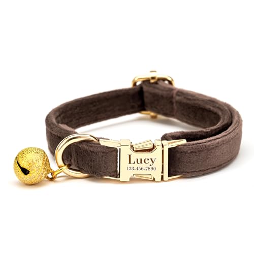 Custom Cat Collar with Bells Personalized Small Cat Collar Engraved Name & Phone Number with Secure Metal Quick-Release Buckle Adjustable (Dark Brown) - color: Dark Brown