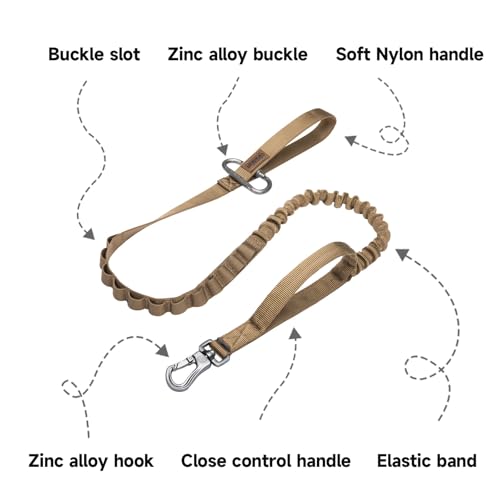EXCELLENT ELITE SPANKER Tactical Bungee Dog Leash Military Adjustable Dog Leash Quick Release Elastic Leads Rope with 2 Control Handle(Coyote Brown) - color: Coyote Brown