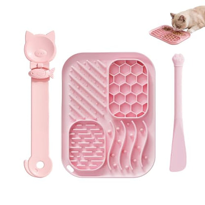 AZY 3-Piece Slow Feeder Cat Bowl and Lick Mat Set – Silicone Cat Treat Spoon & Feeding Mat for Wet Food, Enrichment and Slow Eating (Pink) - color: pink