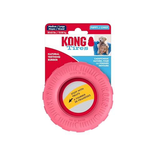 KONG Puppy Tires - Dog Chew Toy for Puppies - Stuffable Dog Toy for Treats & Snacks - Natural Rubber Chew Toy for Teething Puppy - for Medium/Large Puppies - Pink - color: Pink, size: Medium/Large