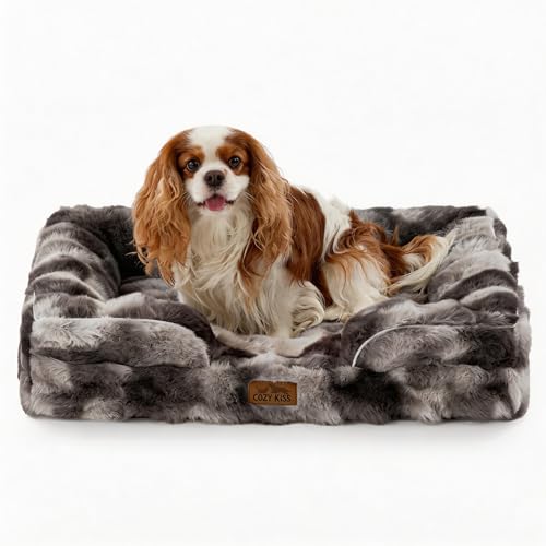 COZY KISS Orthopedic Dog Bed for Medium Small Size Dog, Soft and Warm Faux Fur Sofa for Pet Up to 40 lbs, Foam Bolster Anti-Slip Couch with Washable Removable Cover, M 30x20x6.5 inch, Tie Dye Grey - color: Tie-dye Grey, size: 30x20x6.5 inch