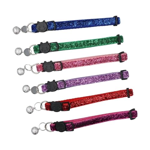 6 Pcs Bling Cat Collars, Adjustable Cat Collars with Bell, Breakaway Cat Collars, Nylon Cat Collars, Solid & Safe Collars, Collars for Cats, Puppies