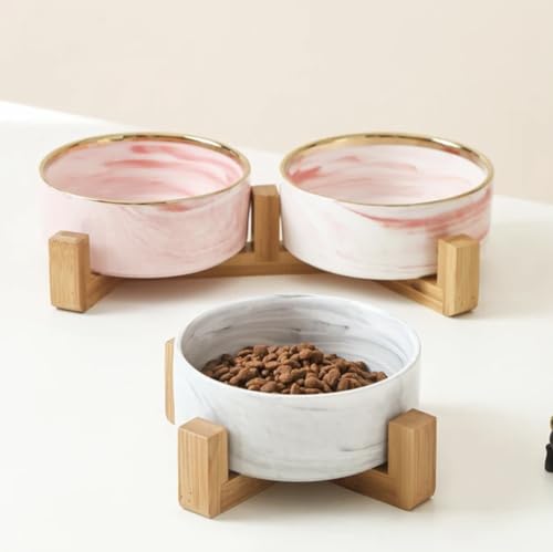 Ceramic Pet Bowl (Marble Design) Set of 2 with Stand, 2cups and 4 Cups Capacity (Marble Pink w/Gold, Small, 2 Cups per Bowl) - color: 2. S-Marble pink gold, Small, 2 cups per bowl