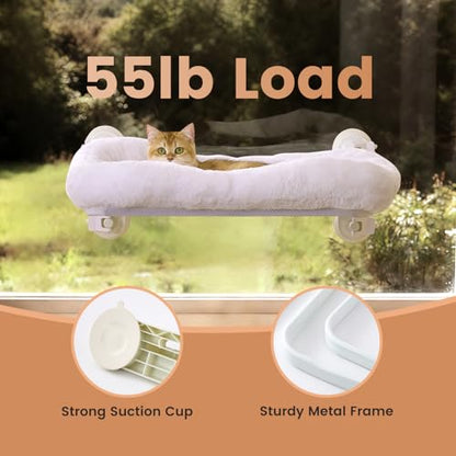 Gardner Pet Cat Window Perch for Large Cats with 4 Suction Cups, 2 in 1 Cat Hammock with Detchable Cushion for 55Lbs Load (White)