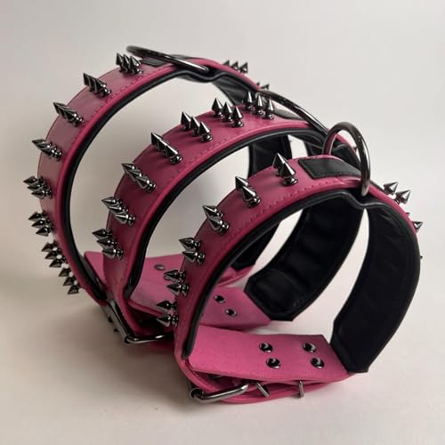 Luxury Leather Spike Dog Collar, Double-Layer Soft Cowhide, Punk Style for Medium and Large Dogs, Pit Bulls, Rowena (Pink,2XL-Neck 57-65cm) - color: Pink, size: 2XL-neck 57-65cm