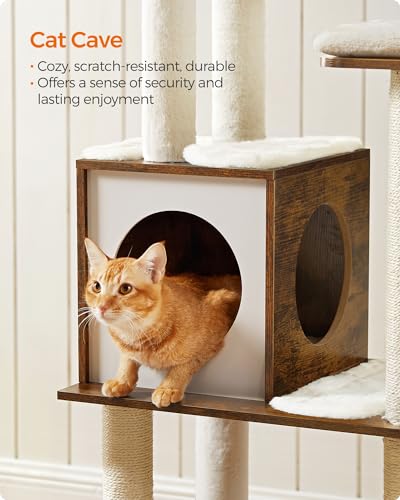 Feandrea Cat Tree, 64.6-Inch Modern Cat Tower, Multi-Level Condo with 5 Scratching Posts, Perch, Washable Removable Cushions, Cave, Rustic Brown UPCT166X01 - color: Rustic Brown