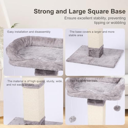 34" Tall Cat Scratching Post with Bed, Sisal Scratch Posts Trees with Plush Perch and Hanging Ball for Indoor Cats, Removable Cover, Large Scratch Post and Base, Rugged and Durable, Light Grey - color: Light grey