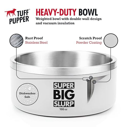 Tuff Pupper Heavy Duty Insulated Dog Bowl | Double Wall Stainless Steel Dog Food Dish | Non-Slip Spill Proof Dishwasher Safe Cat Bowl | Water Dish for Feeding Large Medium Small Pets (188oz, White) - color: Snow White, size: 188oz