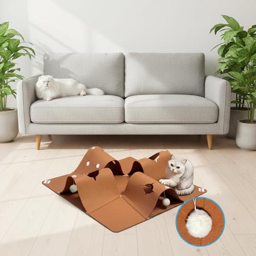 Interactive Cat Tunnel Mat for Indoor Cats, 4-Way Felt Cat Cave with Hanging Ball, Foldable Kitty Play Mat and Hideout, Pet Enrichment Toy for Kittens, Rabbits, Small Pets - color: Brown