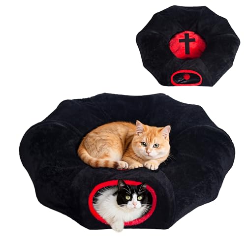 Gothic Cat Bed, Coffin Cat Tunnel House with Washable Cushion, Fits Indoor Cats up to 25 lbs, Cute Peekaboo Cave Pet Bed for Kittens, Rabbits, Halloween Goth Design, Black Red - color: Black Red