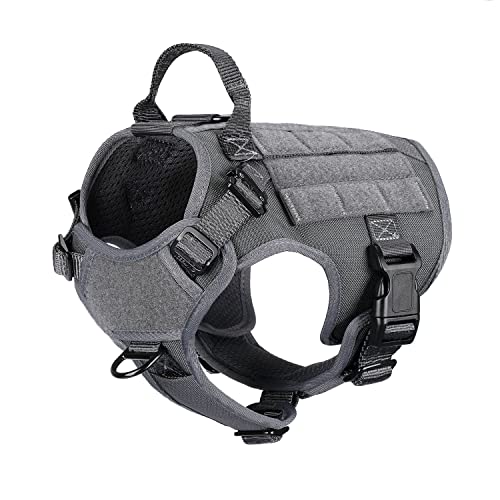ICEFANG Tactical Dog Harness, Small Size,2X Metal Buckle,Working Dog MOLLE Vest with Handle,No Pulling Front Leash Clip,Hook and Loop Panel (Grey,S (Pack of 1)) - color: Grey, size: Small (Pack of 1)