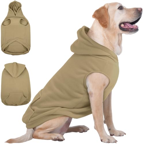 IECOii XXL Dog Hoodie for Large Dogs, Fleece Dog Sweatshirt for Large Breed Male Female Dogs,Pet Pouch Hoodie Winter Sweater Coat with Leash Hole, Warm & Lightweight Outfit for Pitbull, Khaki, 2XL - color: Khaki, size: XX-Large