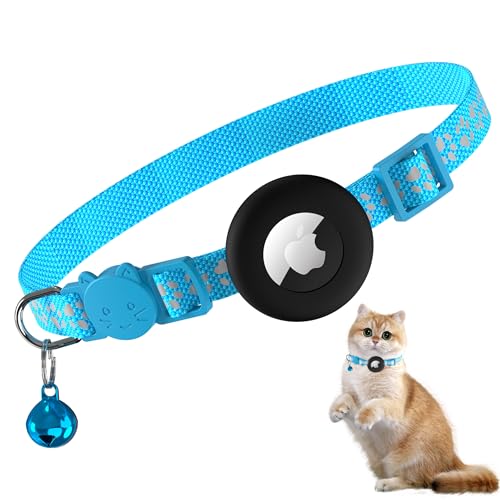 Meliya Airtag Cat Collar Breakaway with Bell, Adjustable Reflective Pet Kitten Collar with Apple Air Tag Holder Case for Girl Boy Cats (Footprints Blue) - color: Footprints Blue