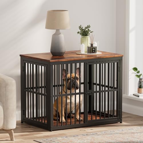 Lyromix 33'' Dog Crate Furniture with 3 Doors,Wooden Crate End Table Heavy Duty Indoor Puppy Cage for Small to Medium Dogs, Multiple Units Can be Combined, Rustic Brown - color: Brown, size: M(33.07''×22.05''×25.98'')