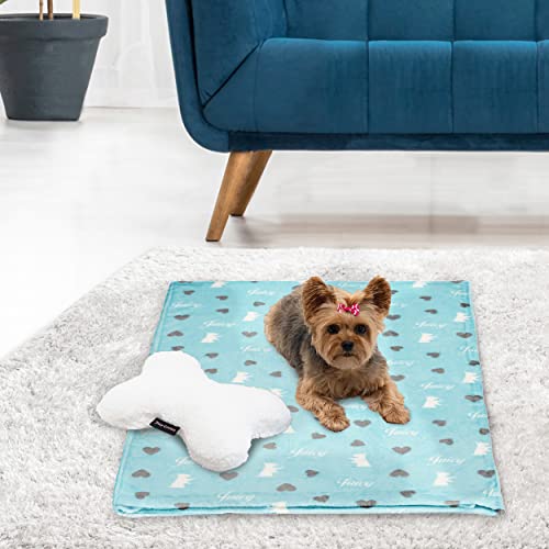 Juicy Couture Turquoise Blue Dog Blanket with Sherpa Bone Shaped Pillow - Plush Puppy Throw, Breathable, Lightweight, Machine Washable, Cat Blanket for Small, Medium & Large Pets - color: Turquoise Blue Scottie Hearts