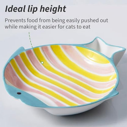 Ceramic Cat Food Bowl Set, Shallow Wide Flat, Whisker Friendly, Nonslip, Cute Fish Cat Bowl for Dry and Wet Food, for Indoor Cats, Pink/Yellow, 2 Pack