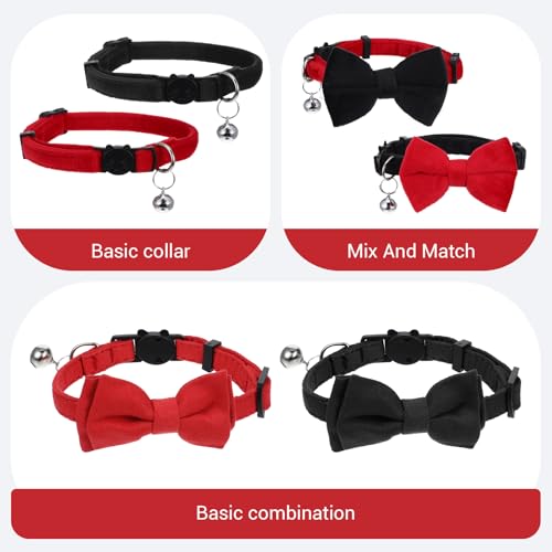 2pcs Red Cat Bowtie Collar, Cat Collar with Bells, Cats Bow Tie, Small Pet Safety Wedding Valentine's Day Basic Pure Color Suede Soft Adjustable 7-13 Inches