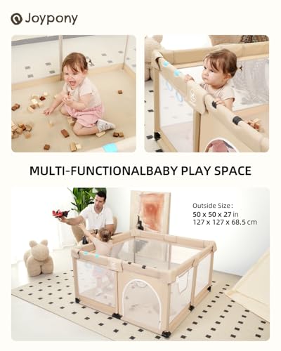 Joypony Baby Playpen, 50x50 in Small Play Pen for Babies and Toddlers, Playpen for Kids with Gate, Indoors Play Yard with Soft Breathable Mesh (Beige) - color: Beige