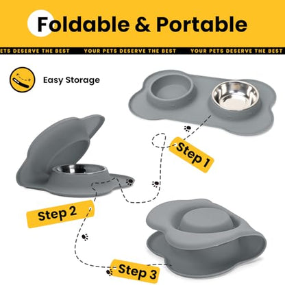 Conlun Dog Bowls with Silicone Feeding Mat,No Spill Food Water Dish Set,Dishwasher Safe,2 Stainless Steel Puppy Bowls with Dogs Bandanas,Suitable for Tiny Pets Under 8lbs,Extra Small,Grey - color: Grey, size: Extra Small-5 oz