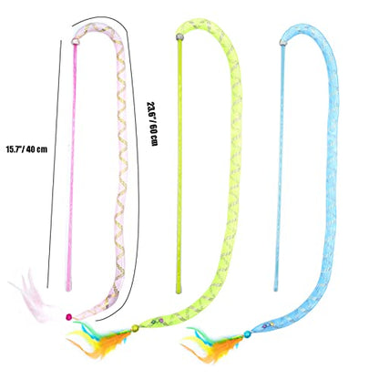 IUHKBH Cat Wands, 3 PCS Soft Line Tube Teaser Wands Colorful Feather Wands with Bell Interactive Cat Toys