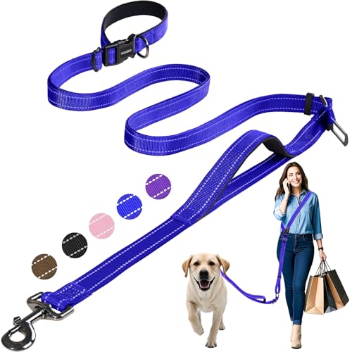 Hands Free Dog Leash by Kazazoo, Adjustable 6-9 FT Waist & Crossbody Leash with Quick Off Buckle, Reflective Stitches for Walking, Jogging,Medium to Large Dogs & Puppies Blue-L - color: Blue, size: L
