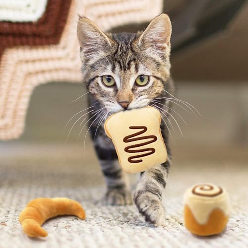 CiyvoLyeen Bread Catnip Toys, Cat Toy for Indoor Interactive Toys, Kitten Chew Bite Kick Toy Baguette Croissant Pretzel Toast Bun Cinnamon Roll Plush Catmint Pet Birthday Presents 6 Pack - color: Bread - 6Pcs