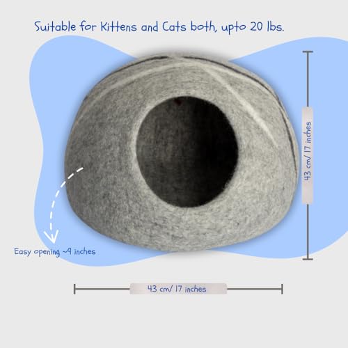 Premium Merino Wool Cat Cave Bed. Foldable, Eco-Friendly, Handmade Felt Kitten Bed and Covered Cat House (43x43cm). Hideaway Pod for Cats. Easy to Clean and Maintain. for Small to Medium cat. Gray - color: Gray