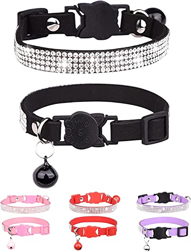 Breakaway Cat Collars with Bell,olmoony Adjustable Safe Kitten Collar,Cat Collars for Girl Cats with Rhinestone Soft Velvet - color: Black