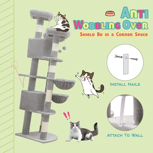 SHA CERLIN 73" Space-Saving Cat Tree/Multi-Level Tall Cat Tower with Perches/Scratching Posts/Condo & Hanging Baskets/Modern Fan-Shaped Design for Indoor Kitties/Pet Activity House/Grey - color: Grey
