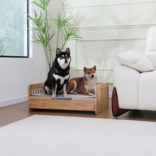 Elevated Dog Bed for Small to Medium Dogs – 32” x 21” Indoor Wooden Pet Sofa with Soft Cushion, Mid-Century Modern Style, Sturdy & Stylish (Natural) - color: Pine Wood