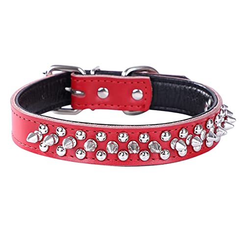 Spiked Studded Dog Collar, Soft Genuine Leather Dog Collar, Adjustable Dog Collars for Small Medium Large Dogs Breeds Pit Bull (S fit Neck 10.5-13", Red2) - color: Red2, size: S fit Neck 10.5-13"