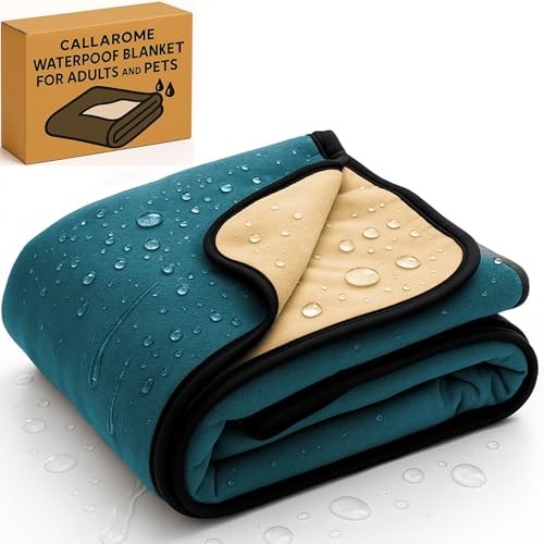 Callarome Waterproof Pet Blanket 60"x80" - Silent No-Crinkle Design with Soft Fleece for Bed Protection - Leakproof Dog Blanket for Couch - Reversible Blue/Beige - color: Navy Teal / Butter Pecan, size: 60x80 inch