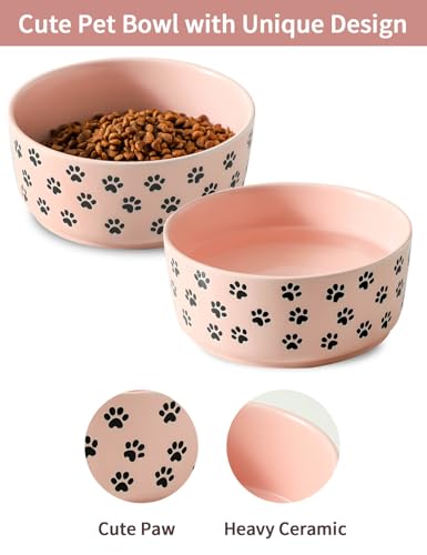 UBEE 6.5 inch Dog Bowls Set of 2, Ceramic Dog Food Water Bowl Dishes with Paw Pattern, Pet Food Water Dish Feeding for Small and Meidum Dogs and Large Cat, Pink - color: Pink-paw, size: 6.5 inch x 2