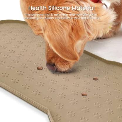 PWTAA Dog Food Mat Anti-Slip Silicone Dog Bowl Mat Thicker Pet Placemat Waterproof Cat Feeder Pad with Raised Edge Puppy Kitten Feeding Mats Suitable Small Medium-Sized Dogs Cats Eating Tray - color: Khaki, size: 19.4" x 9.8"
