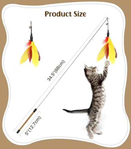 Pawaboo Feather Teaser Cat Toy, Interactive Feather Wand Cats Toy Flying Feathers Cat Catcher with Extra Long 34.5" Wand and Small Bell, Exerciser Playing Toys for Kitten or Cats, Yellow + Red Brown - color: Yellow + Red Brown
