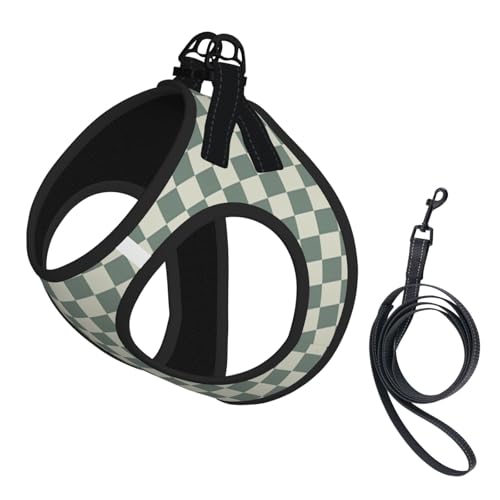 Green Checkerboard Dog Harness and Leash Set, No Pull Reflective Adjustable Soft Mesh Padded Pet Vest with Safety Buckle for Small Medium Dogs and Cats Small - color: Green Checkerboard, size: Small