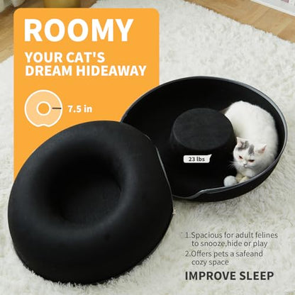 Peekaboo Cat Tunnel for Large Cats up to 30 lbs, Features A Jingle Ball, Removable and Washable Tunnel Bed, and a Cozy Donut Tunnel (Black, 24 Inches) - color: Black
