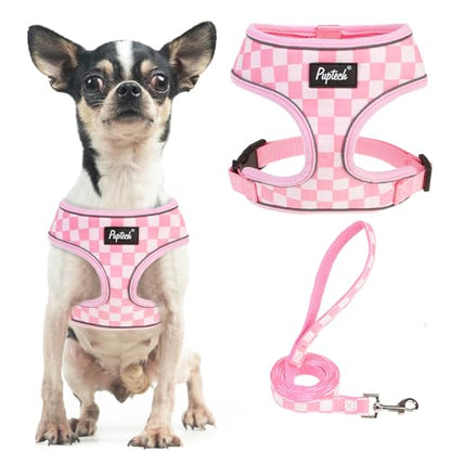 PUPTECK Soft Mesh Dog Harness and Leash Set Pet Puppy Cat Comfort Padded Vest No Pull Harnesses, Checkered Pink&White, XS - color: Checkered Pink&White, size: XS (NECK: 10", CHEST: 10"-14")