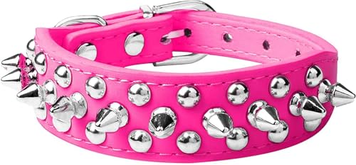 Spiked Dog Collar Soft Pu Leather Mushrooms Rivet Spike Studded Puppy Adjustable Pet Collars for Small Breeds (S, Hot Pink) - color: Hot Pink, size: Small