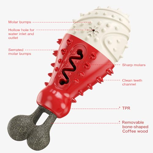 Natural Coffee Wood Dog Toy - Cooling Freezable TPR Teething Chew & Treat Dispensing Enrichment Toy - Sustainable for Small Medium Large Breeds (Red) - color: Red