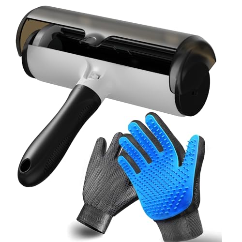 NVNAN Pet Hair Remover & Pet Grooming Gloves Set - Deshedding Brush for Cats/Dogs, Reusable Lint Roller Brush for Cats,Dogs - Furniture, Car, Couch, Clothes and Bedding - color: Hair removal roller + gloves